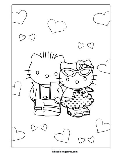Coloring Page With Hello Kitty And Dear Daniel In A Heart-Themed Couple Scene.