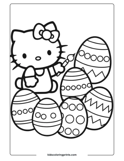 Hello Kitty Paints Easter Eggs With Stripes, Dots, And Zigzags On This Festive Coloring Page.