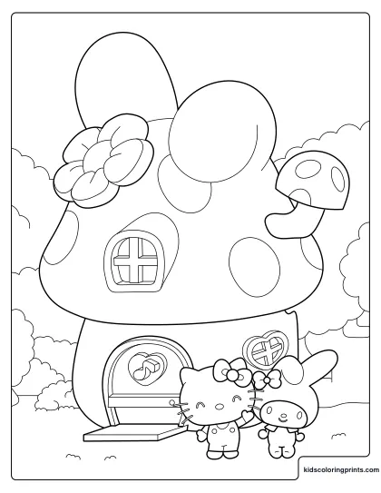 Hello Kitty And My Melody Coloring Page At A Mushroom House