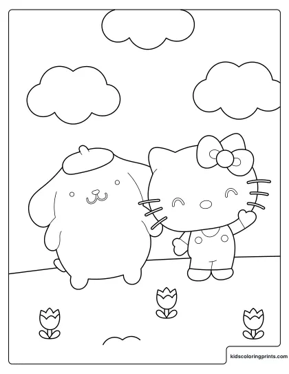 Hello Kitty And Pompompurin Coloring Page On A Grassy Hill