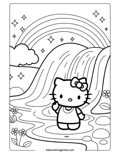 Hello Kitty At A Rainbow Waterfall With Clouds, Stars, And Flowers On This Magical Coloring Page.