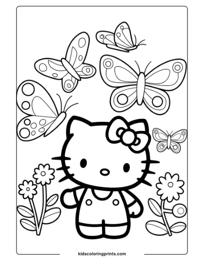 Hello Kitty In A Butterfly Garden With Flowers And Butterflies On This Nature-Themed Coloring Page.