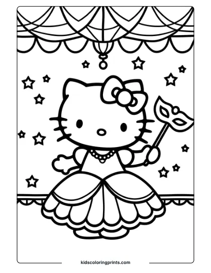 Hello Kitty At A Fairytale Masquerade Ball With A Mask, Stars, And Gown On This Enchanting Coloring Page.