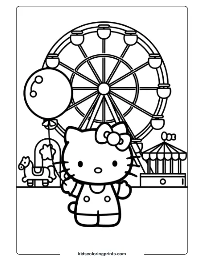 Hello Kitty At An Amusement Park With A Ferris Wheel, Balloon, And Carousel Horse On This Joyful Coloring Page.