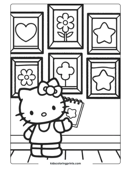 Hello Kitty At An Art Gallery With Framed Pictures And A Notepad On This Art-Themed Coloring Page.