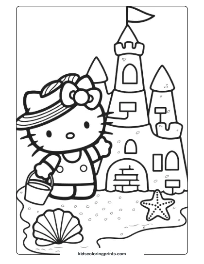 Hello Kitty At A Sandcastle Competition With Towers, Seashells, And A Bucket On This Beach-Themed Coloring Page.