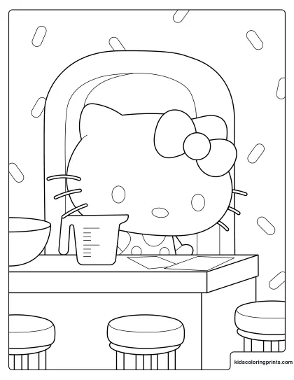 Hello Kitty Coloring Page Baking In The Kitchen With Bowls And Tools