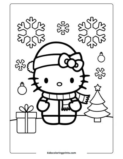 A Festive Hello Kitty Coloring Page With Winter Attire, A Snowy Backdrop, And Christmas Details Perfect For The Holidays!