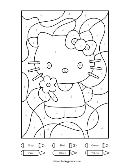Hello Kitty Color By Number Coloring Page Featuring The Iconic Character With Her Signature Bow And Sweet Expression.