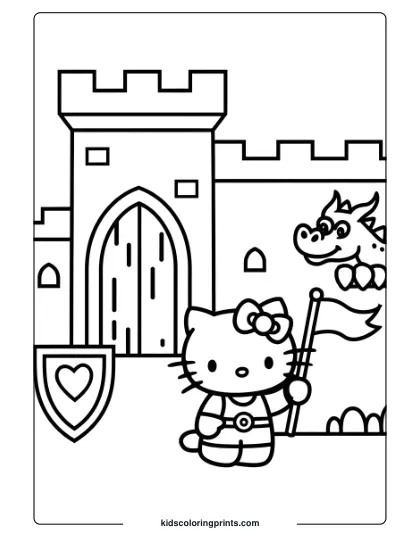Hello Kitty Explores A Medieval Castle With A Dragon And Shield On This Fantasy-Themed Coloring Page.