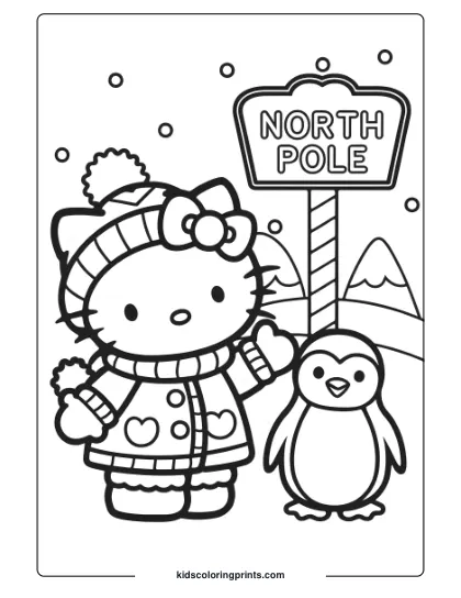 Hello Kitty At The North Pole With Snowflakes, A Penguin, And Warm Attire On This Wintry Coloring Page.