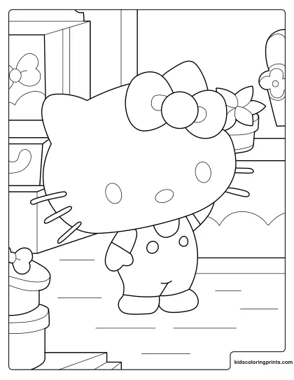 Hello Kitty Coloring Page Featuring The Character Holding A Flower Near Gift Boxes.