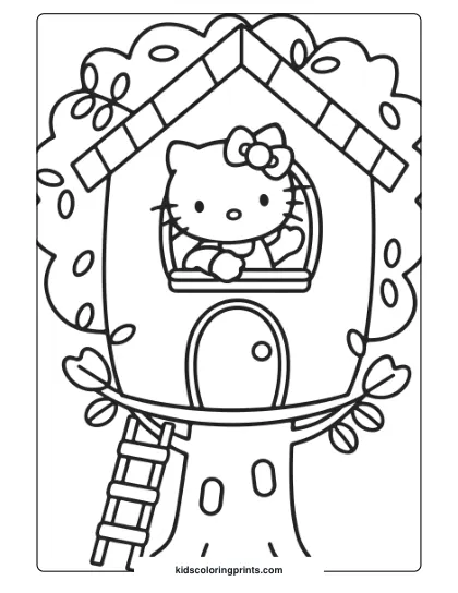 Hello Kitty In A Cozy Treehouse With A Ladder, Leaves, And Window View On This Nature-Inspired Coloring Page.