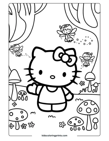 Hello Kitty Encounters Fairies And Mushrooms In A Whimsical Forest On This Enchanting Coloring Page.