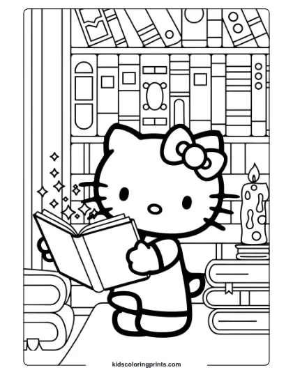 Hello Kitty In A Magical Library With Shelves Of Books And A Candle On This Calming Coloring Page.
