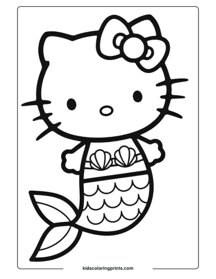 Hello Kitty Mermaid Swimming With Bubbles And A Bow In This Fun Black And White Coloring Page.