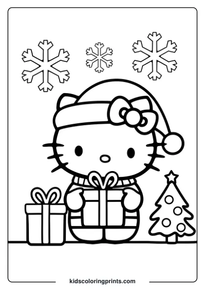 A Delightful Christmas Hello Kitty Coloring Page Featuring Festive Attire, A Decorated Tree, And Snowy Details For Creative Fun.