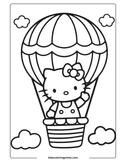 Hello Kitty On A Hot Air Balloon Ride With Wavy Patterns And Clouds In This Sky-High Coloring Page.