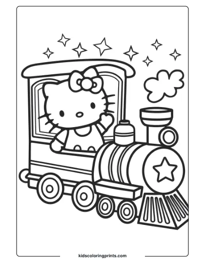 Hello Kitty Rides A Magical Toy Train With Stars And Clouds On This Playful Coloring Page.