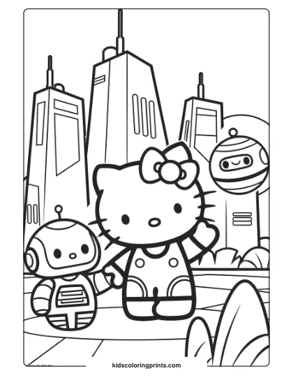 Hello Kitty And Robots In A Vibrant Futuristic Cityscape On This Tech-Inspired Coloring Page.