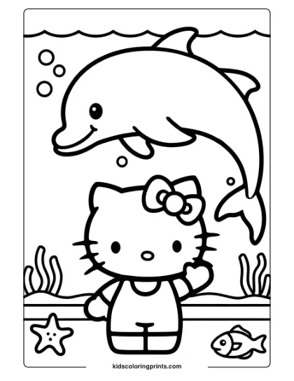 Hello Kitty Visits The Aquarium, Surrounded By A Dolphin, Fish, And Starfish In This Ocean-Themed Coloring Page.