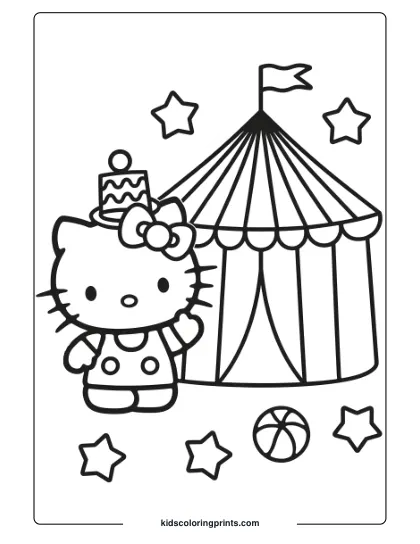 Hello Kitty At A Circus With A Striped Tent, Stars, And A Ball In This Playful Coloring Page.