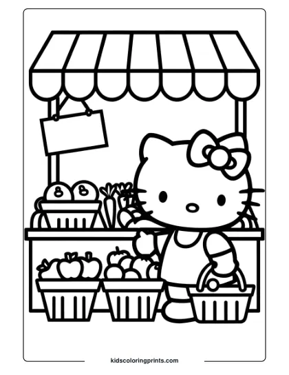 Hello Kitty At A Farmer’s Market With Baskets Of Fruits And Vegetables On This Harvest-Themed Coloring Page.