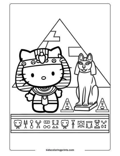Hello Kitty Embraces Ancient Egypt As A Pharaoh With Hieroglyphics And Pyramids In This Historical Coloring Page.