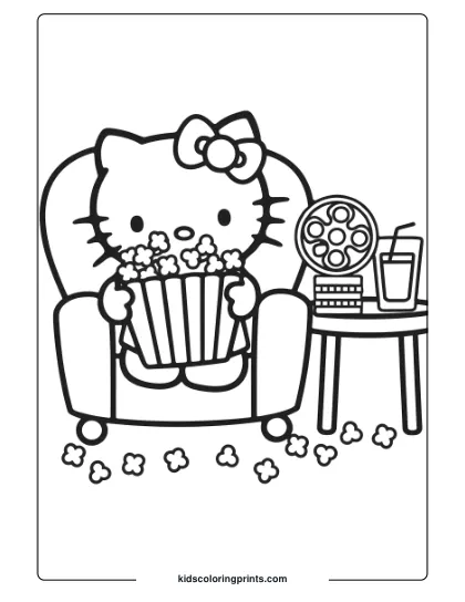 Hello Kitty On A Movie Night With A Tub Of Popcorn, Drink, And Film Reel In This Cozy Coloring Page.