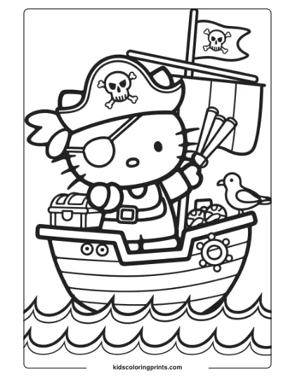 Hello Kitty Becomes A Pirate On A Ship With A Parrot, Treasure, And Flag On This Adventurous Coloring Page.
