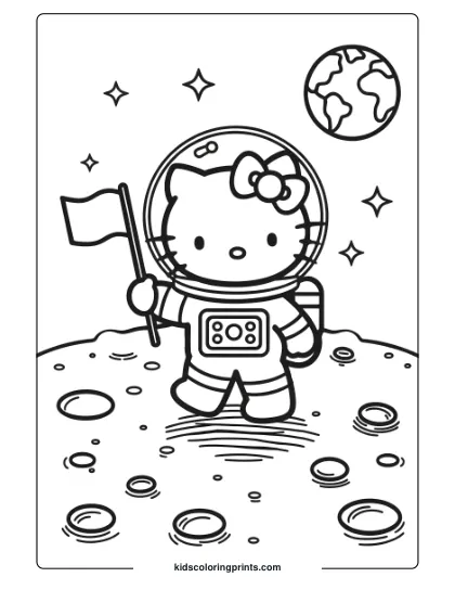 Hello Kitty On A Space Adventure With Craters And Earth Visible, Making This An Out-Of-This-World Coloring Page.