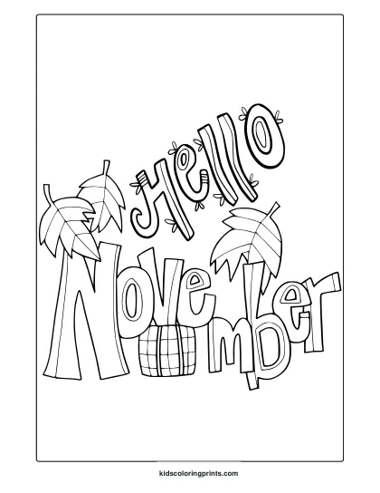 Hello November Coloring Page With Hand-Drawn Text, Palm Trees, And A Tiny Basket Motif.