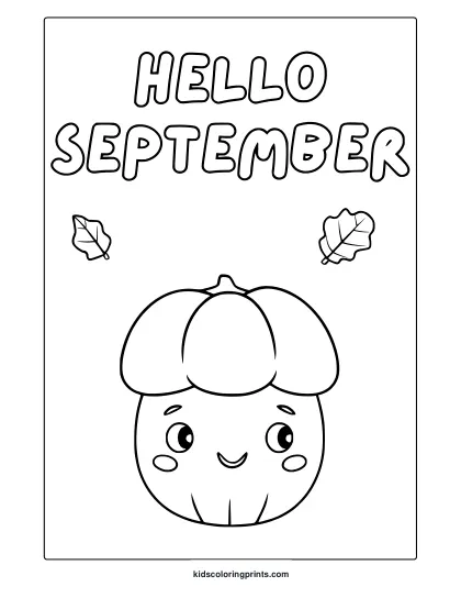Hello September Pumpkin Coloring Page With Smiling Pumpkin Character And Small Autumn Leaves In Line Art.