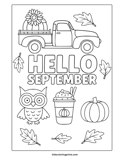 Hello September Coloring Page With Truck, Sunflower, Owl, Pumpkin Spice Latte, And Pumpkin In Line Art.
