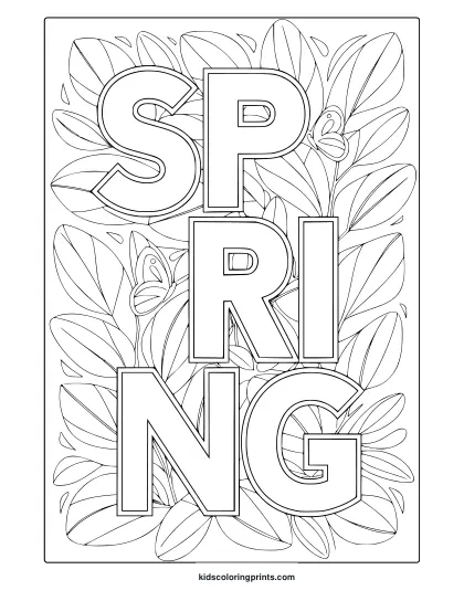 A Spring-Themed Coloring Page Featuring The Word &Quot;Spring&Quot; With Intricate Leaf And Butterfly Designs, Perfect For Coloring Fun.