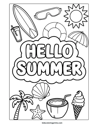 A Mix Of Summer Elements Like A Surfboard And Palm Tree Surround “Hello Summer” In This Coloring Page.