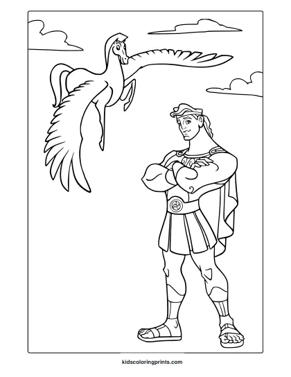 Hercules Coloring Page Standing With Pegasus.