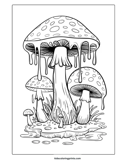 Textured Mushrooms With Droplets On Grassy Ground Captured In This Hippie Mushroom Coloring Page.