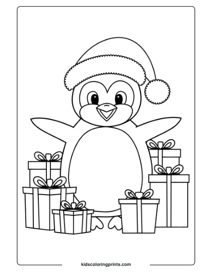 A Holiday Penguin With A Santa Hat And Presents, A Festive Christmas Penguin Coloring Page.