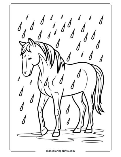 A Horse Under The Rain, Creating A Soothing Scene For A Nature-Themed Coloring Page.