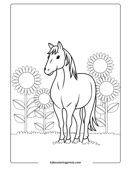 A Horse In A Sunflower Field, Highlighting A Beautiful Floral-Themed Coloring Page.