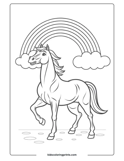 A Proud Horse Beneath A Rainbow, Featuring A Lively Coloring Scene.