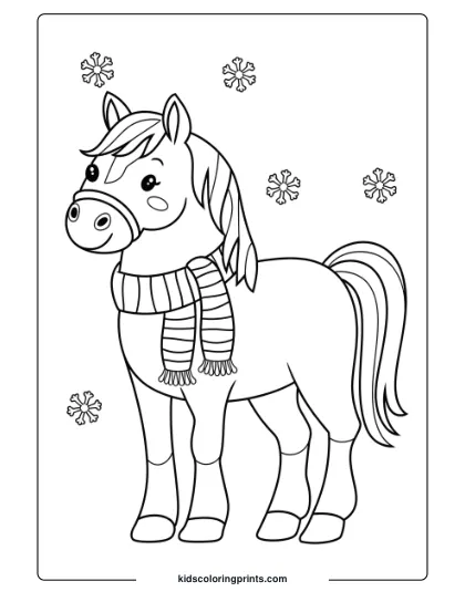A Horse With A Winter Scarf, Making For A Fun Seasonal Coloring Page.
