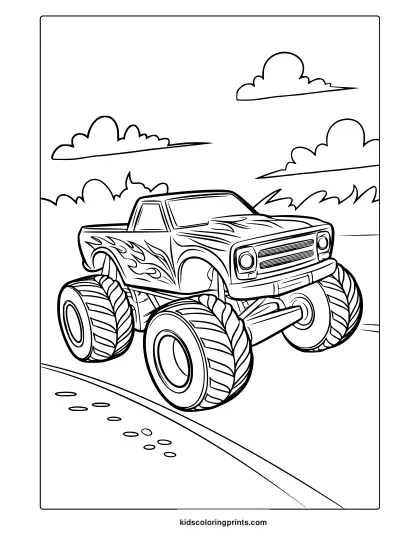 Hot Wheels Monster Truck With Flame Pattern On A Curving Road, Energetic And Exciting Coloring Page.
