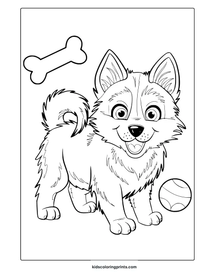 A Cartoon-Style Husky Puppy With A Bone And A Ball. A Fun Husky Puppy Coloring Page For Dog Enthusiasts.