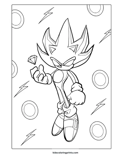 Coloring Page With Hyper Sonic Surrounded By Lightning And Emerald Patterns.