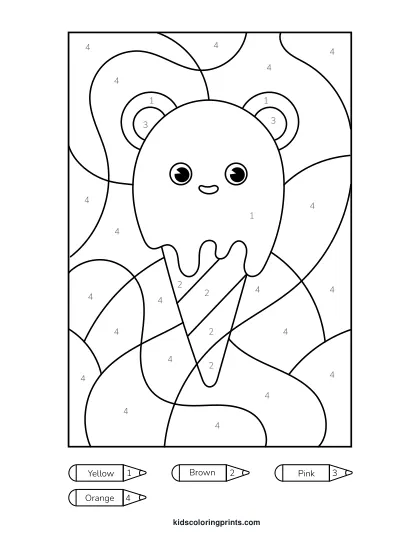 Ice Cream Color By Number Coloring Page Showing A Delicious Frozen Dessert With Fun Numbered Sections To Color In.