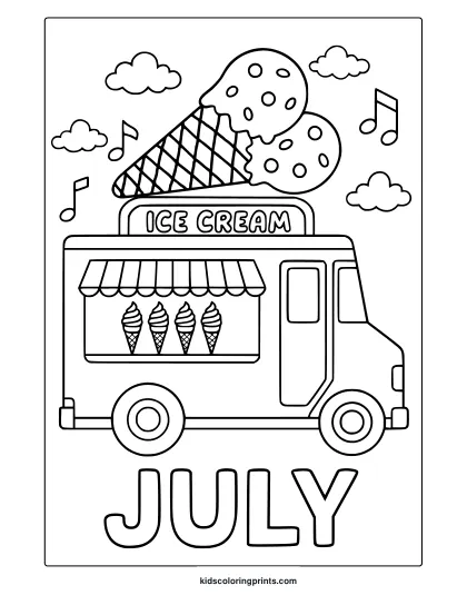 Ice Cream Truck Coloring Page With Cones, Awning, And Musical Notes For A Fun July Treat.