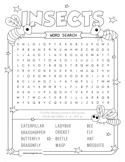 Free Printable Insects Word Search Puzzle With 12 Insects From Ant To Butterfly.
