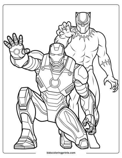 Iron Man And Black Panther On A Secret Mission Coloring Page, With Dynamic Poses And Heroic Detail.